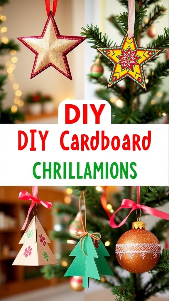 Colorful DIY cardboard Christmas decorations including stars and ornaments hanging on a tree.